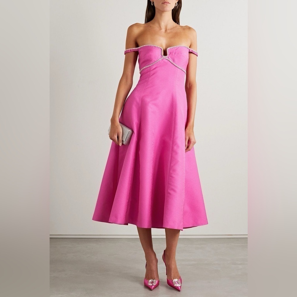 SELF-PORTRAIT Pink Textured Diamonte Prom Off the Shoulder Midi Dress Size 4 NWT - Picture 3 of 9